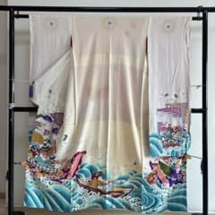 □E5029□アンティーク□正絹縮緬□大正ロマン 五つ紋 宝船と鶴柄 袷