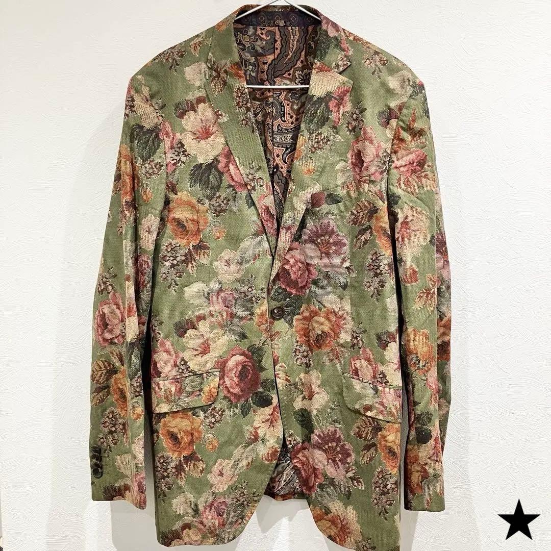 エトロ テーラードジャケット ETRO サイズ54 グリーン フラワー模様