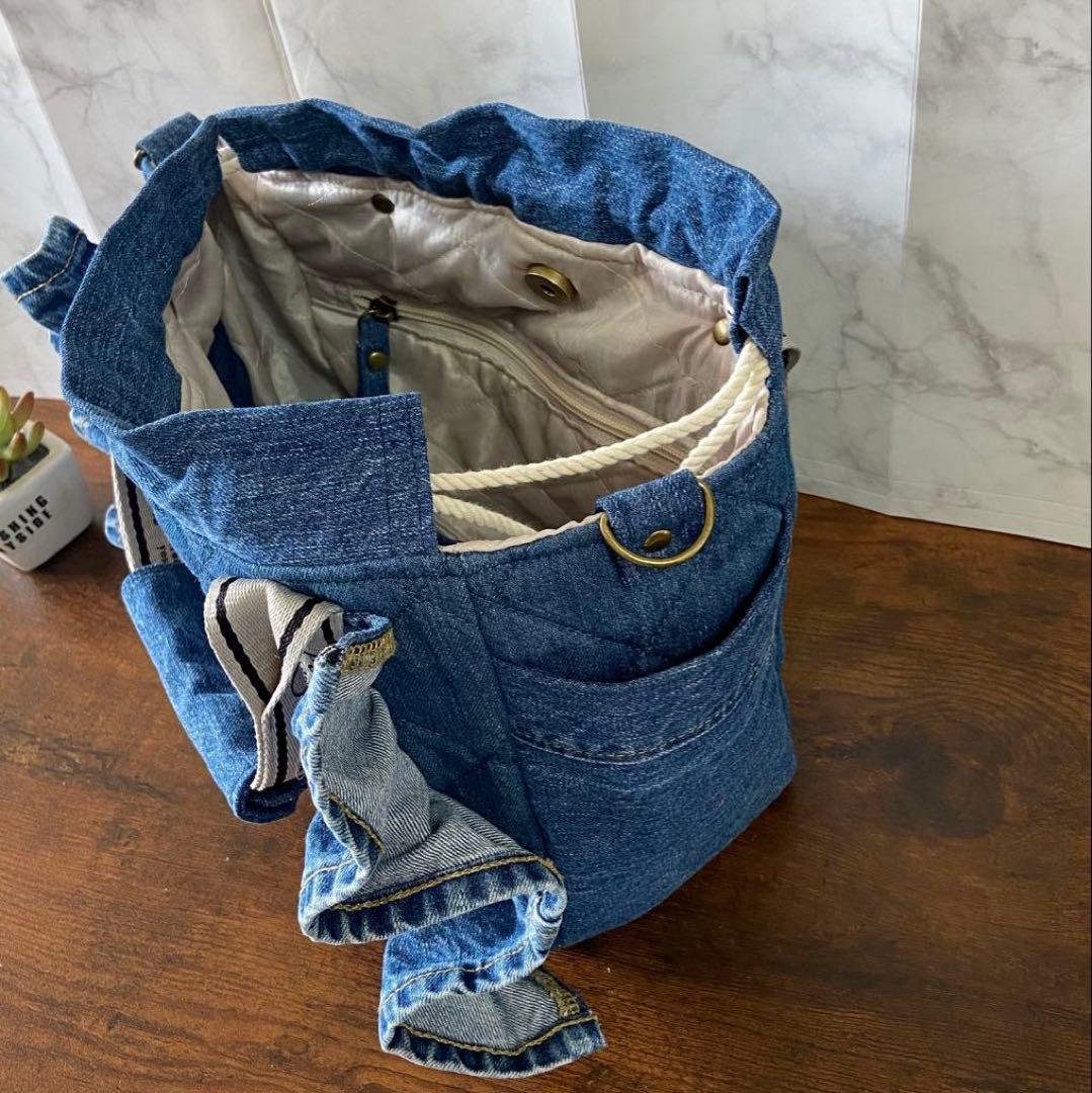 No.64 デニムリメイク【フリルバッグ】トートバッグ ハンドメイド