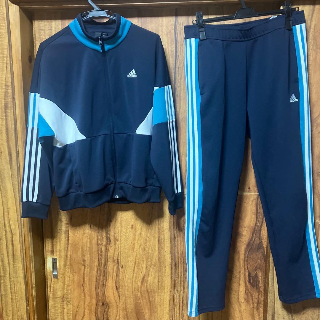 美品adidas ジャージネイビー/ターコイズレディースサイズXL上下セット