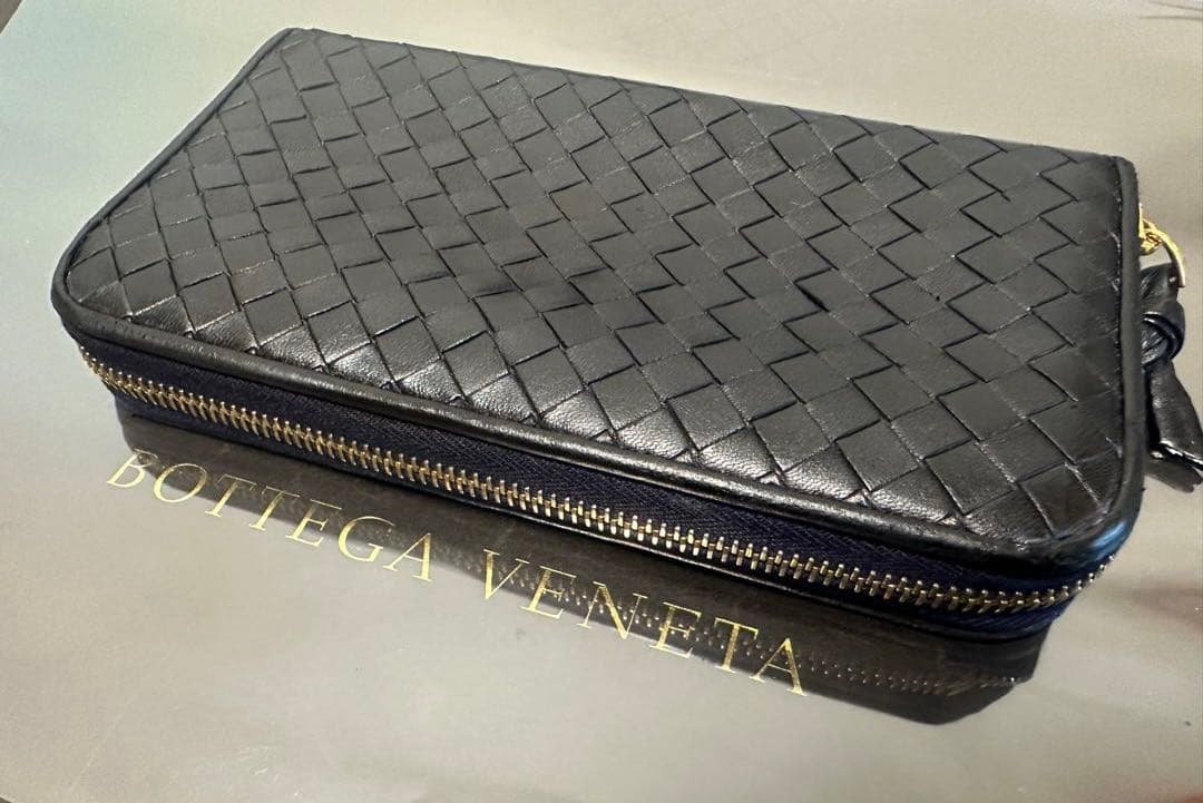 付属品付】ボッテガヴェネタ ラウンドファスナー/ラム/黒/ゴールド