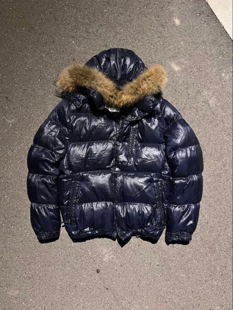 Y2K 00's平成 archive ファー付ダウンジャケット 光沢 ネイビー紫 00s OLD UNIQLO オールドユニクロ パファー ダウンジャケット ファー付