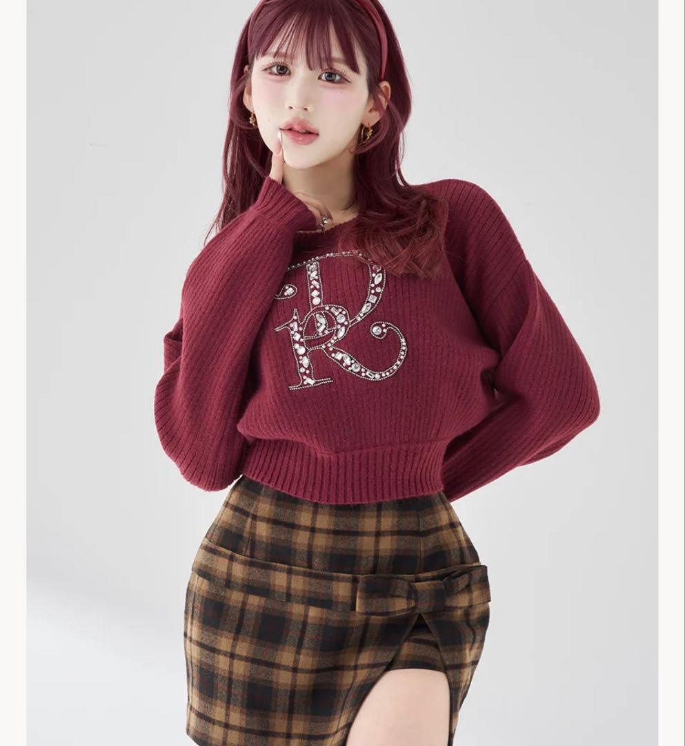 Darich ダーリッチ DRビジューボリュームリブニットトップス BRD 赤