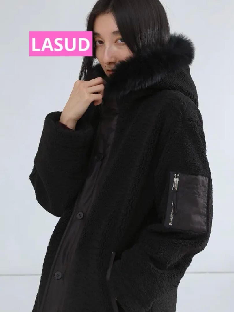 LASUD ファーボアコート ブラック 未使用品 サイズ9号 定価34000円