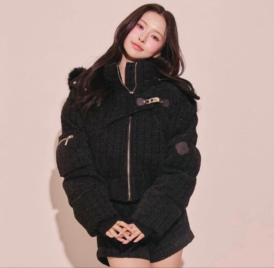 Randy アシンメトリーバックルツイードパデットジャケット ブラック