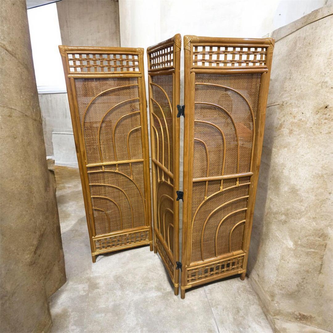 ラタン 3連 パーテーション 衝立 間仕切り 籐 昭和レトロ アンティーク