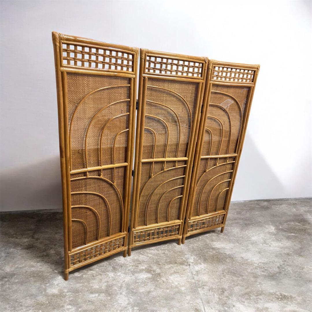 ラタン 3連 パーテーション 衝立 間仕切り 籐 昭和レトロ アンティーク