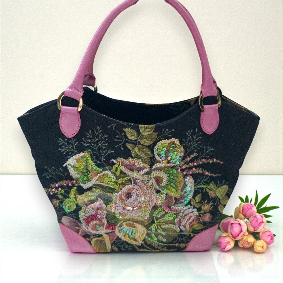 良品☆シンクビー トートバッグ ゴブラン織り 刺繍 スパンコール 花柄