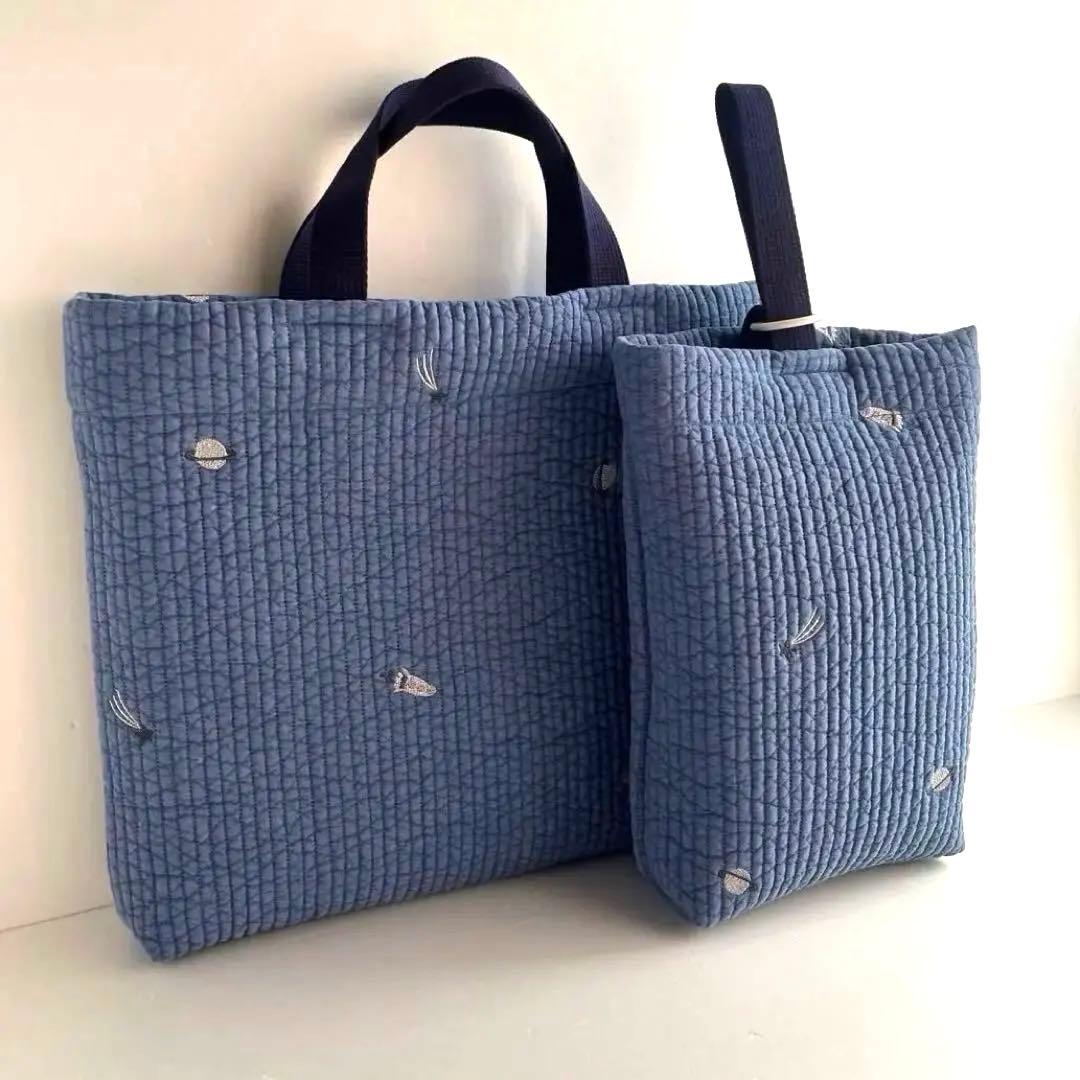 ヌビ デニム紺/ロケット•星•宇宙 レッスンバック 上靴袋 入園入学