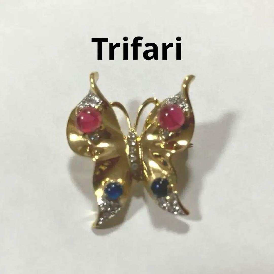 ★Trifari★蝶々ブローチ ヴィンテージ 昭和レトロ TRIFARIトリファリ ホワイトエナメル リーフ てんとう虫 ブローチ