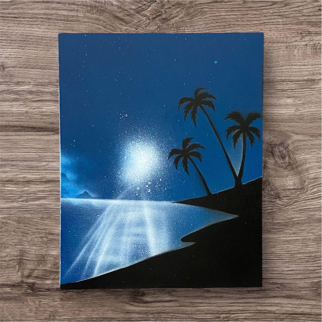 349】スプレーアート 風景画 海 南国 朝日 ヤシの木 日の出 水面 青空