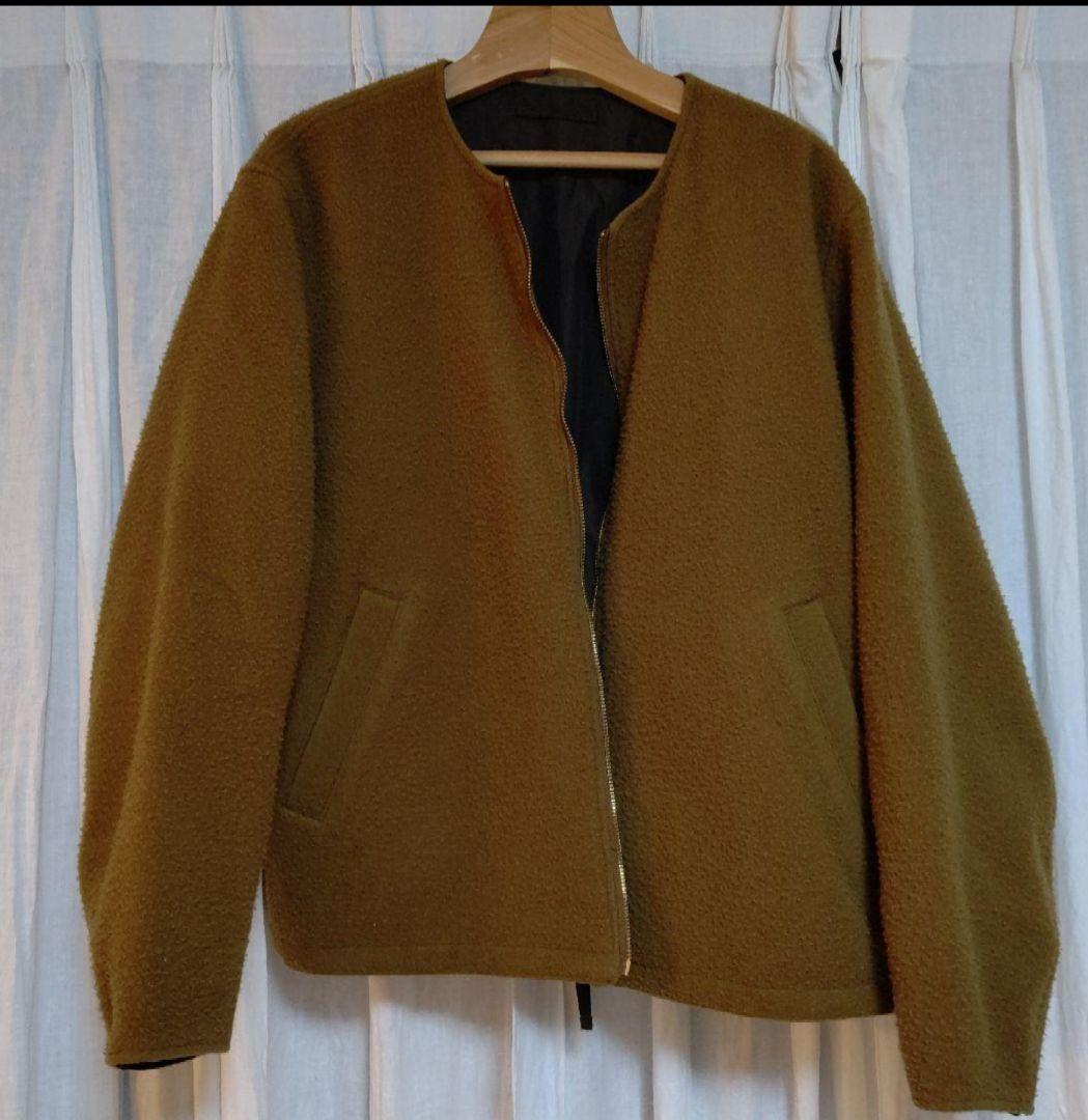 1月3日迄 unfil ノーカラーリバーシブルジャケットウール100% サイズL リバーシブルフェイクウールorシープライクボアノーカラーミドルコート