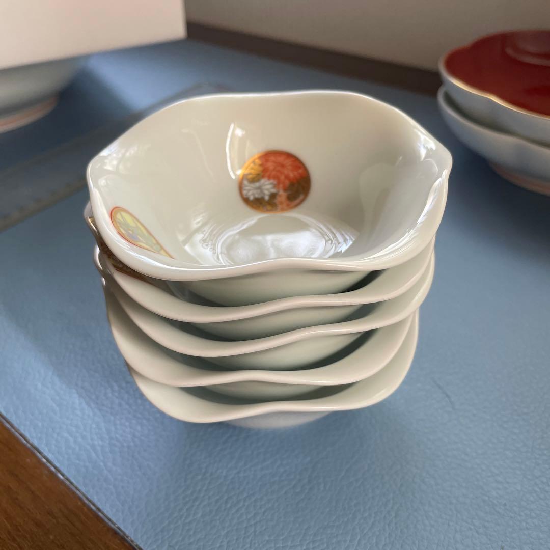 オールド香蘭社 花瓶 老松 手描き+深川製磁 寿赤絵 小鉢五脚