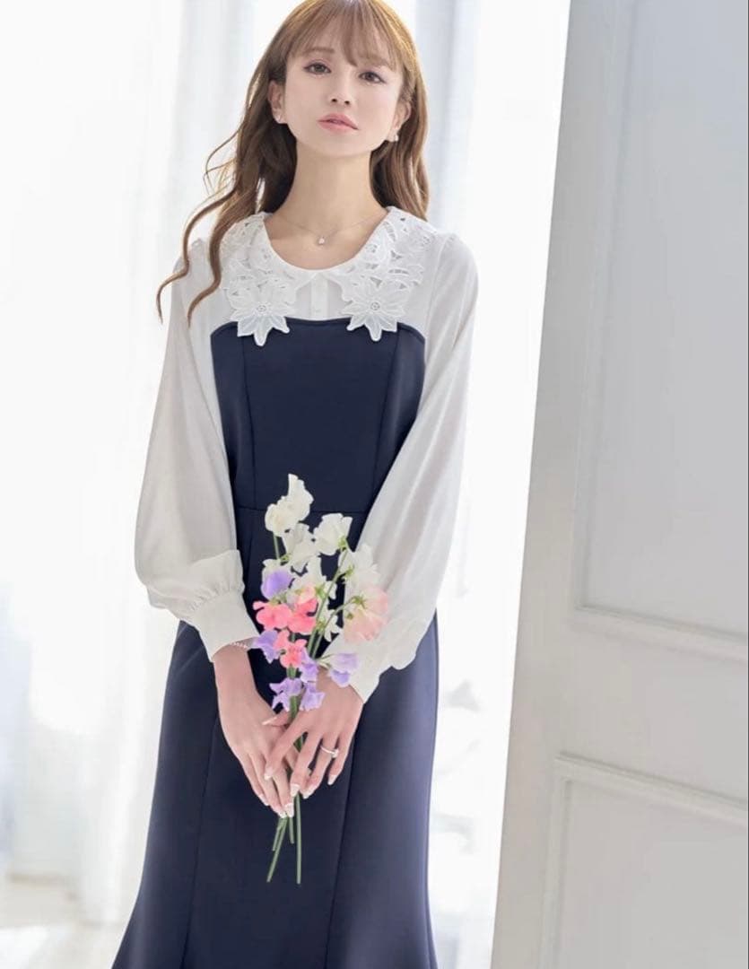 エミリアウィズ レースカラードッキングワンピース ネイビー ホワイト