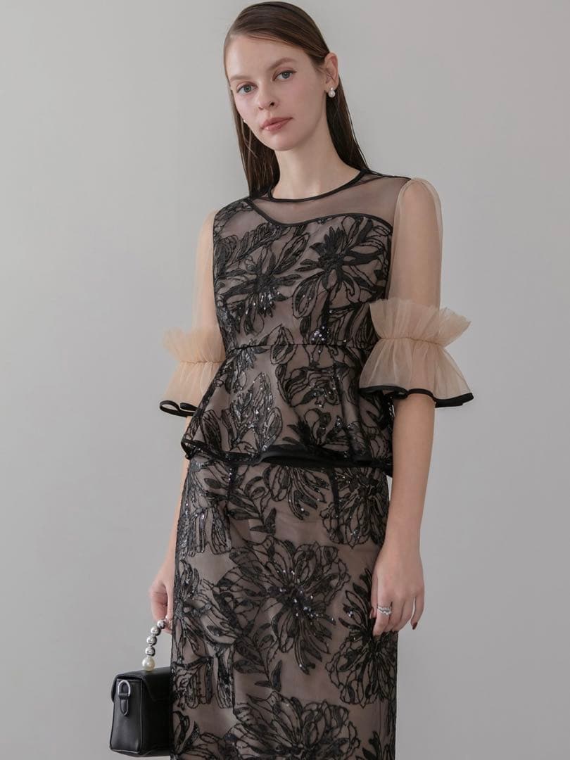 アシンメトリーシアーフラワースパンコールフリルチュール セットアップドレス結婚式 アシンメトリーシアーフラワースパンコールフリルチュール