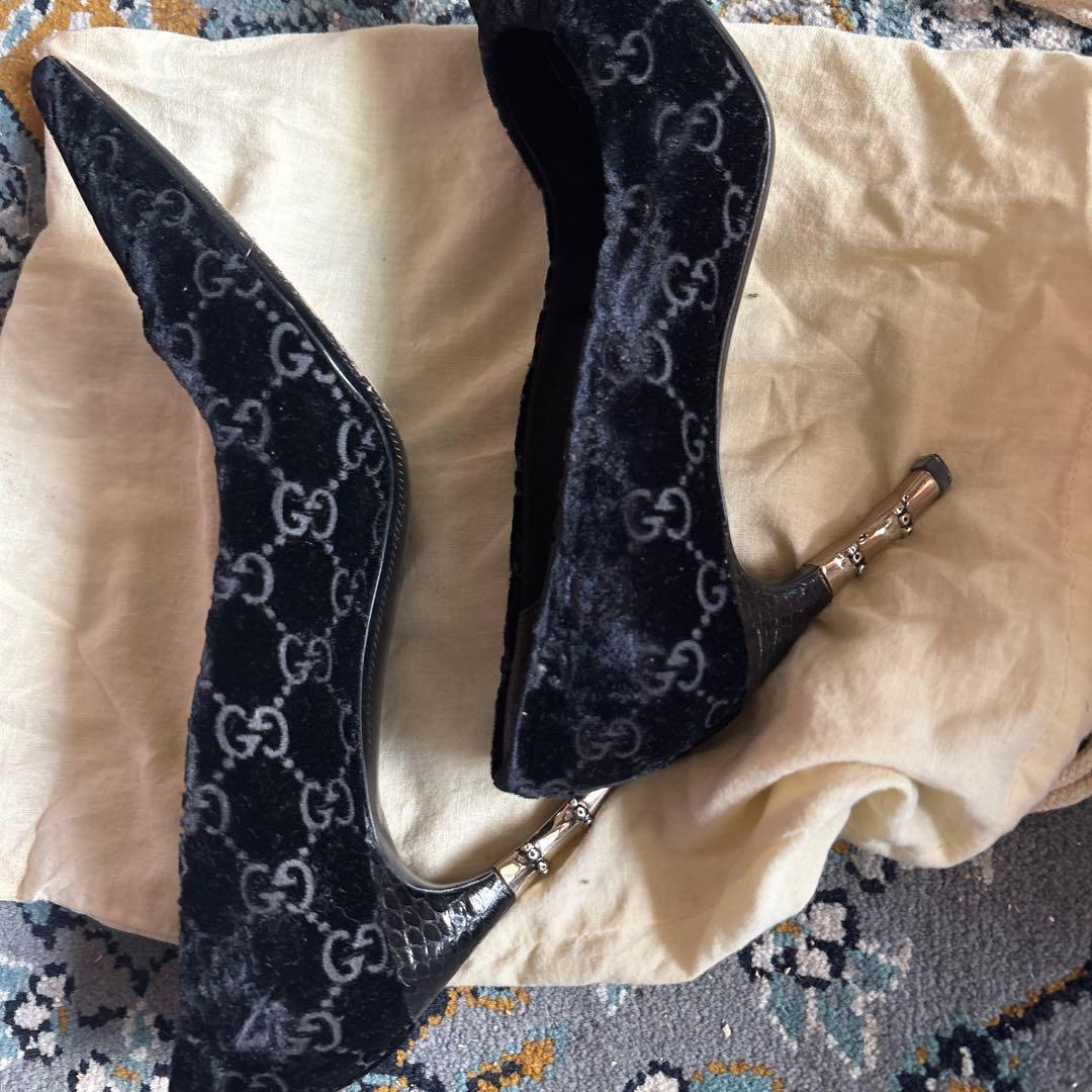 グッチ パンプス 35ハーフ 約22.5cm ベルベット バンブー ヒール レア