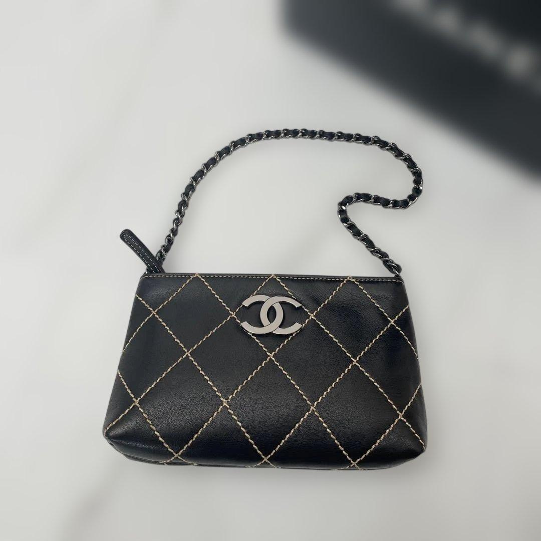CHANEL ブラック ワイルドステッチ　バッグ シャネル ワイルドステッチ ボストンバッグ ブラック レザー