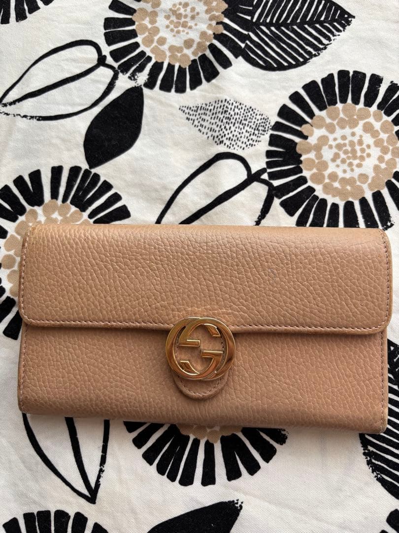 グッチ GUCCI 長財布 インターロッキング レザー ベージュ ゴールド