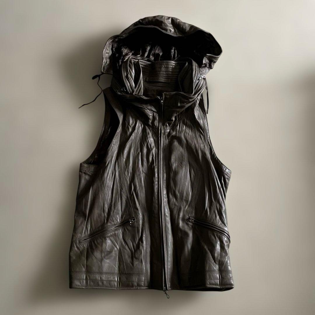 goa leathe gimmick bono jacket レザー ベスト G.O.A Early 00s Goatskin Leather Bono Hooded Rider Jacket G.O.A is