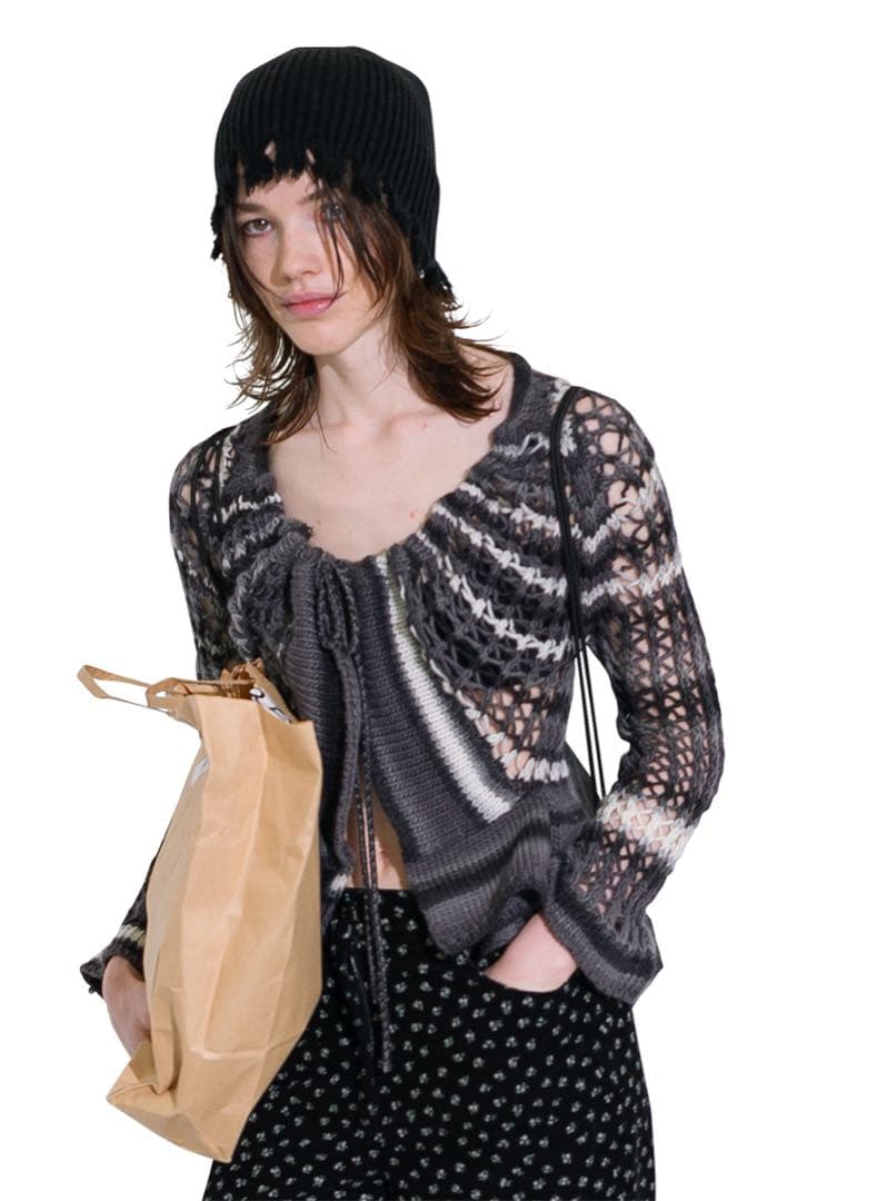 トップス PERVERZE Face Hand Knit Cardigan / Gray PERVERZE, FACE HAND KNIT CARDIGAN (GRAY) - SLOW STEADY CLUB