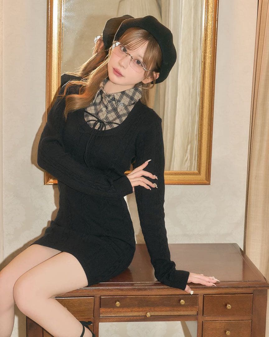 michelleMacaron シャツレイヤード風ニットワンピース フリーサイズ michelleMacaron シャツレイヤード風ニットワンピース フリーサイズ