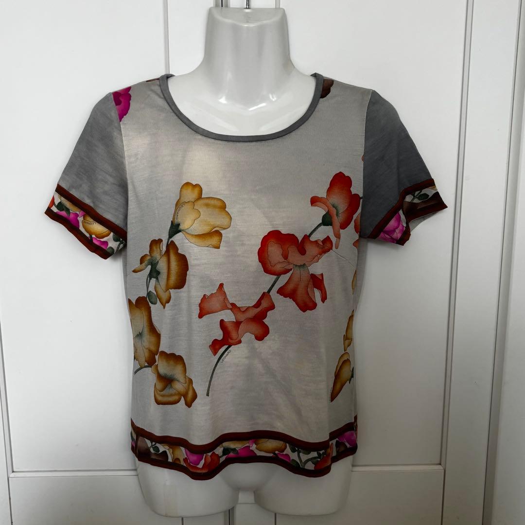 未着用＊LEONARD レオナール M 花柄トップス 半袖 ウールシルク 上品