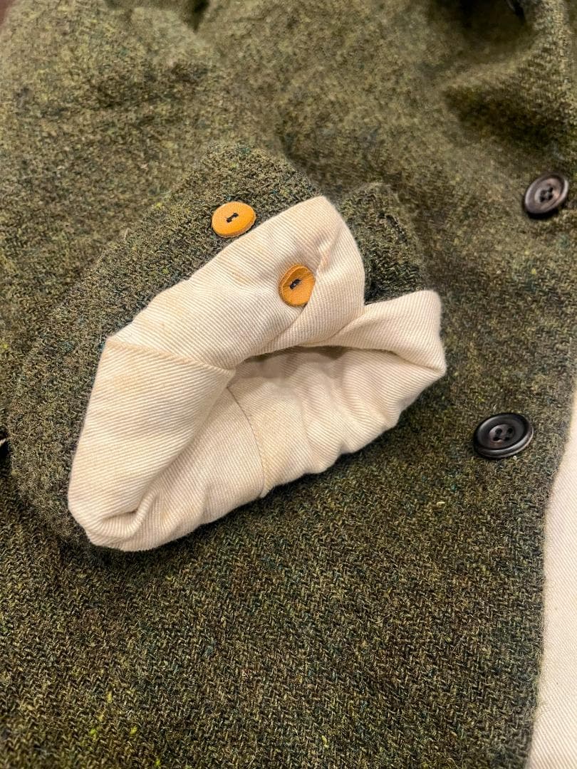 ポールハーデン☆初期ロングコートS☆ツイードモスグリーン オリーブ