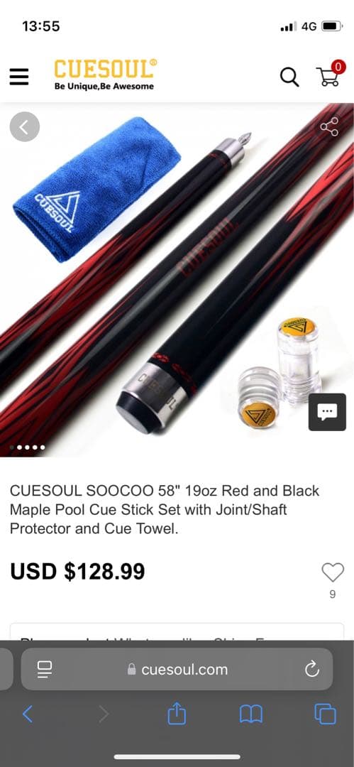 【美品】CUESOUL ビリヤードキュー 赤色 19oz 11.5mm