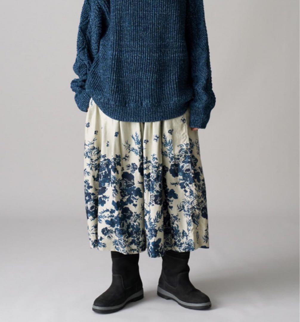 45R インディゴ抜染ローズプリントのイージーギャザースカート 45rpm