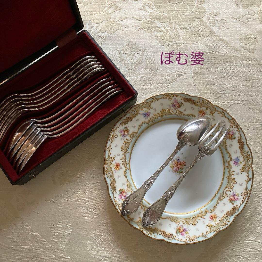 フランス／Boulenger】純銀／フォーク＆スプーン 3組※元箱付「アザミ」