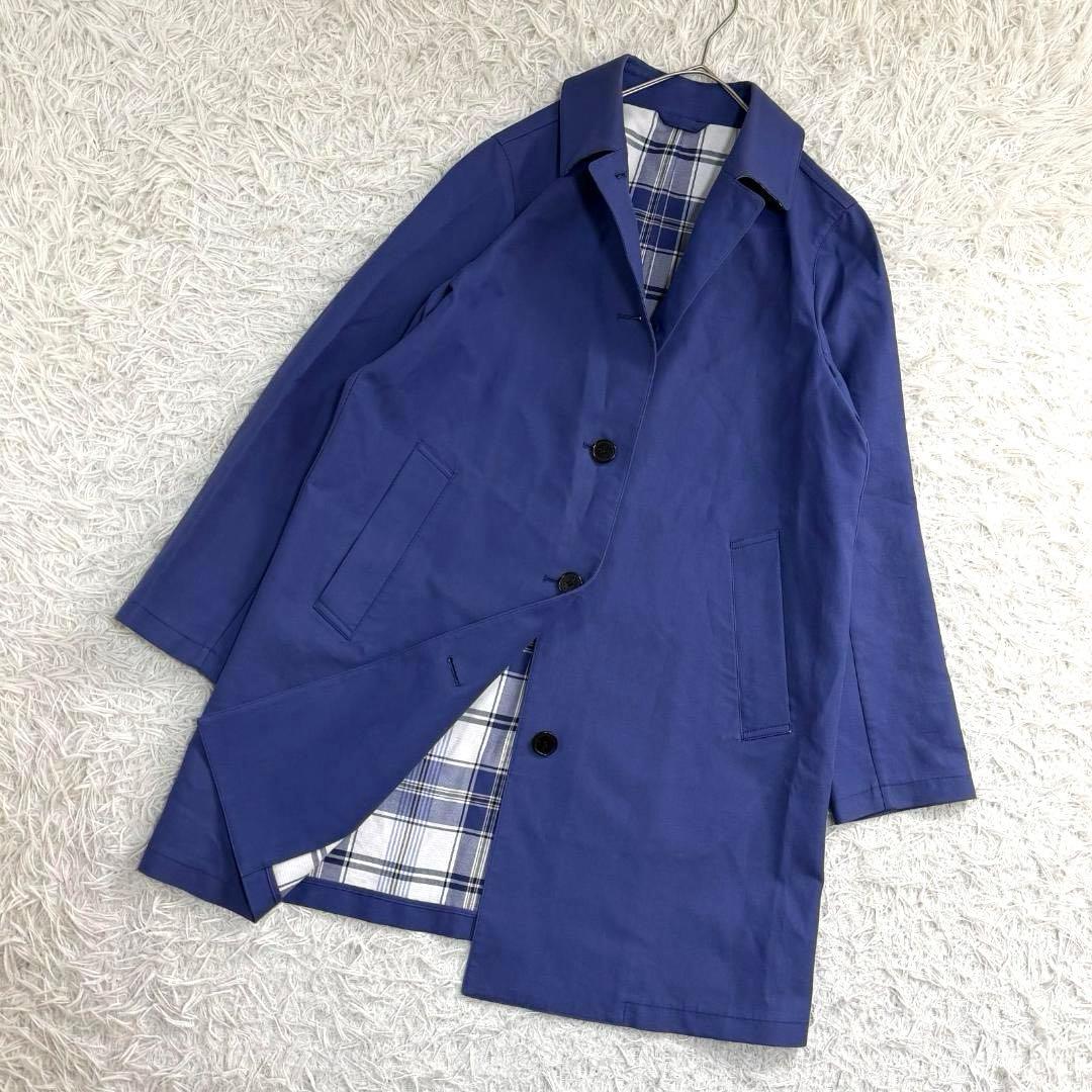 17245✨マッキントッシュロンドン 38 M ステンカラーコート チェック 青 コットンチェックダブルフェイスステンカラーコート(コート