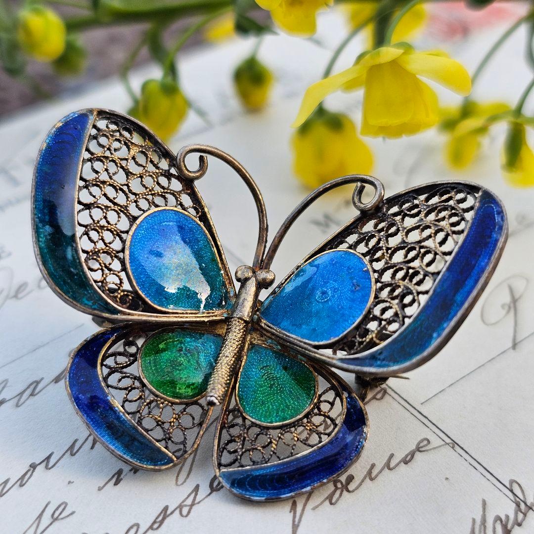 268 中国七宝 銀線細工 蝶々 ヴィンテージブローチ フィリグリー