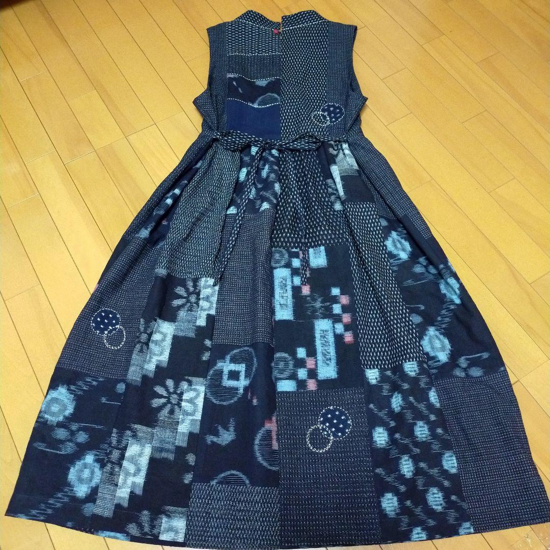 古布 着物リメイク書生絣、久留米絣 型染めのロ−ルカラージャンパー