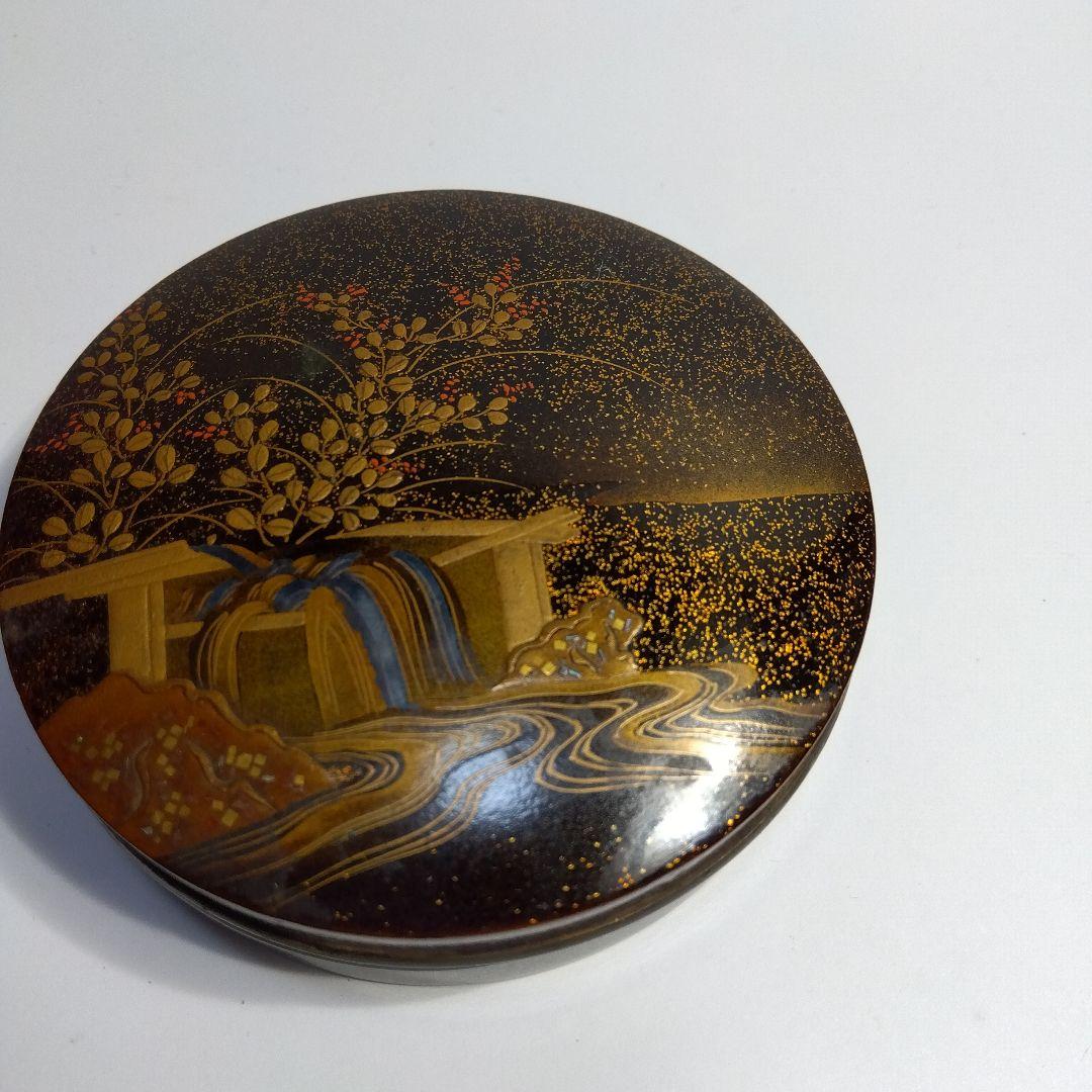 加賀蒔絵　漆器 　時代　蒔絵金銀蒔絵草花文香合　細密　箱入り 葦鷺図 サギ 芦 アシ 水辺 水草 月 鳥 水草 蒔絵 硯箱 梨地 梨子地