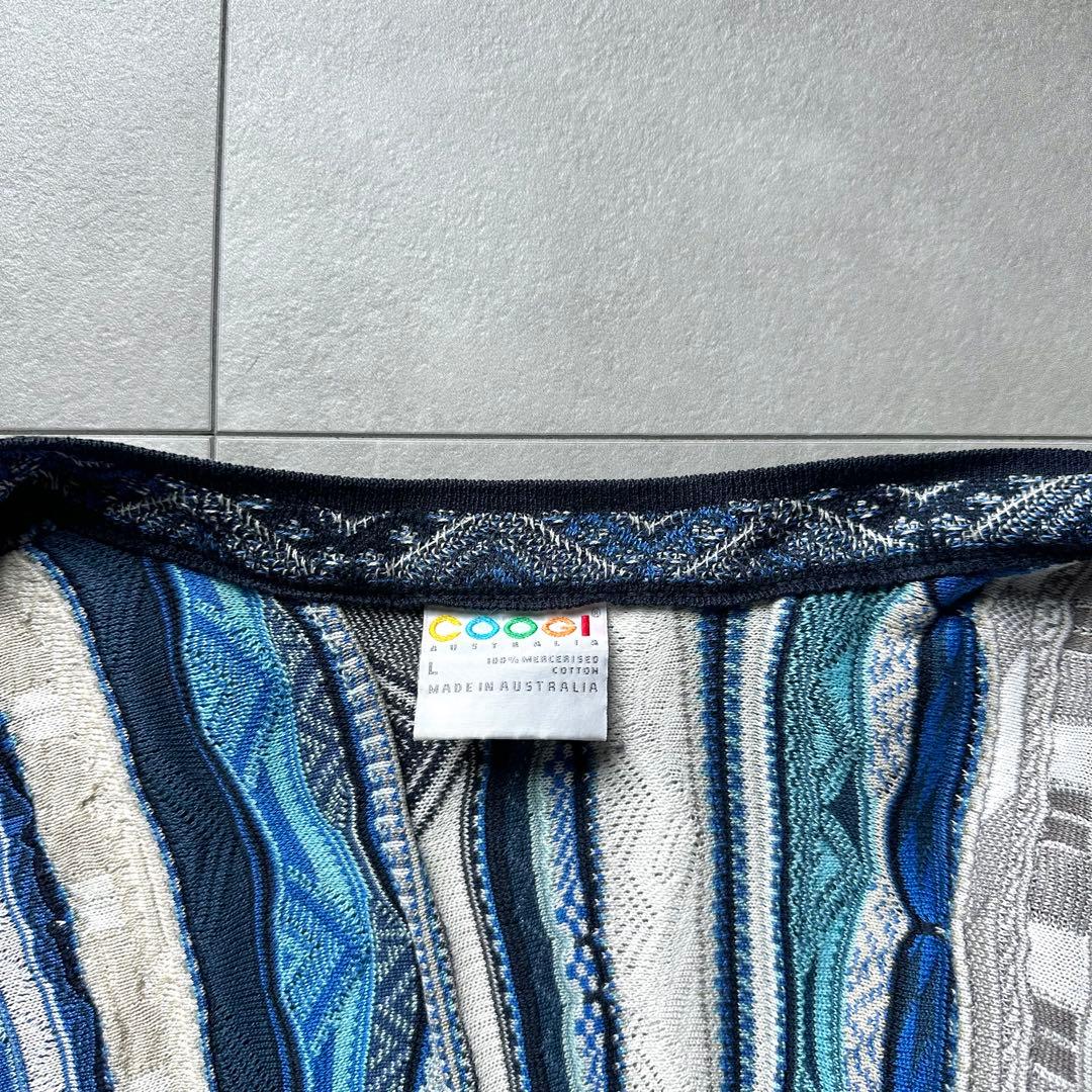 美品 クージー オーストラリア製 3Dニット カーディガン ケーブル L 青