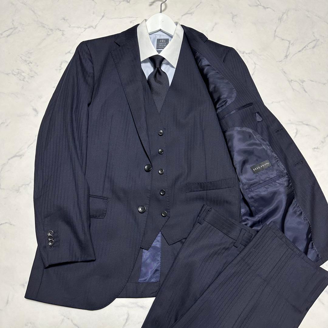 未使用級美品 高級 ヒルトン3ピーススーツ ネイビーシャドーストライプ