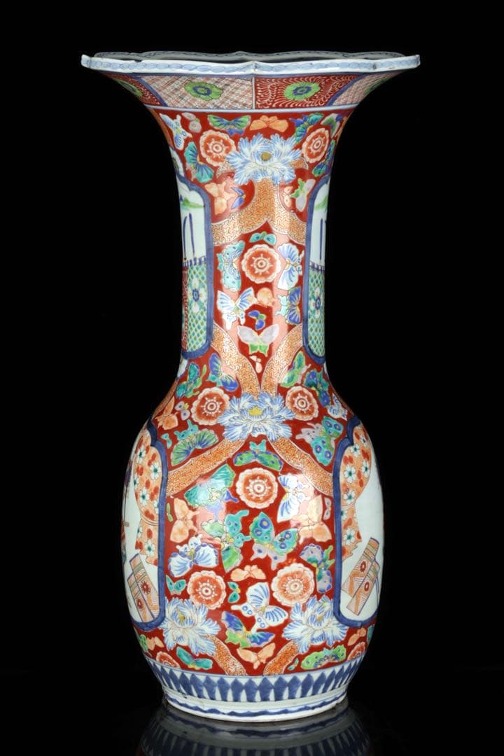 古伊万里【蔵春亭西畝】色絵金彩武士紋広口花瓶 飾壺 高