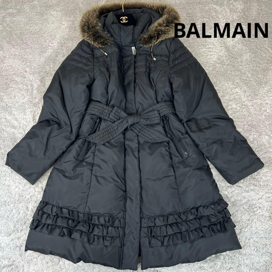 美品 バルマン フリル ダウンコート Aライン 黒 フォックスファー付き