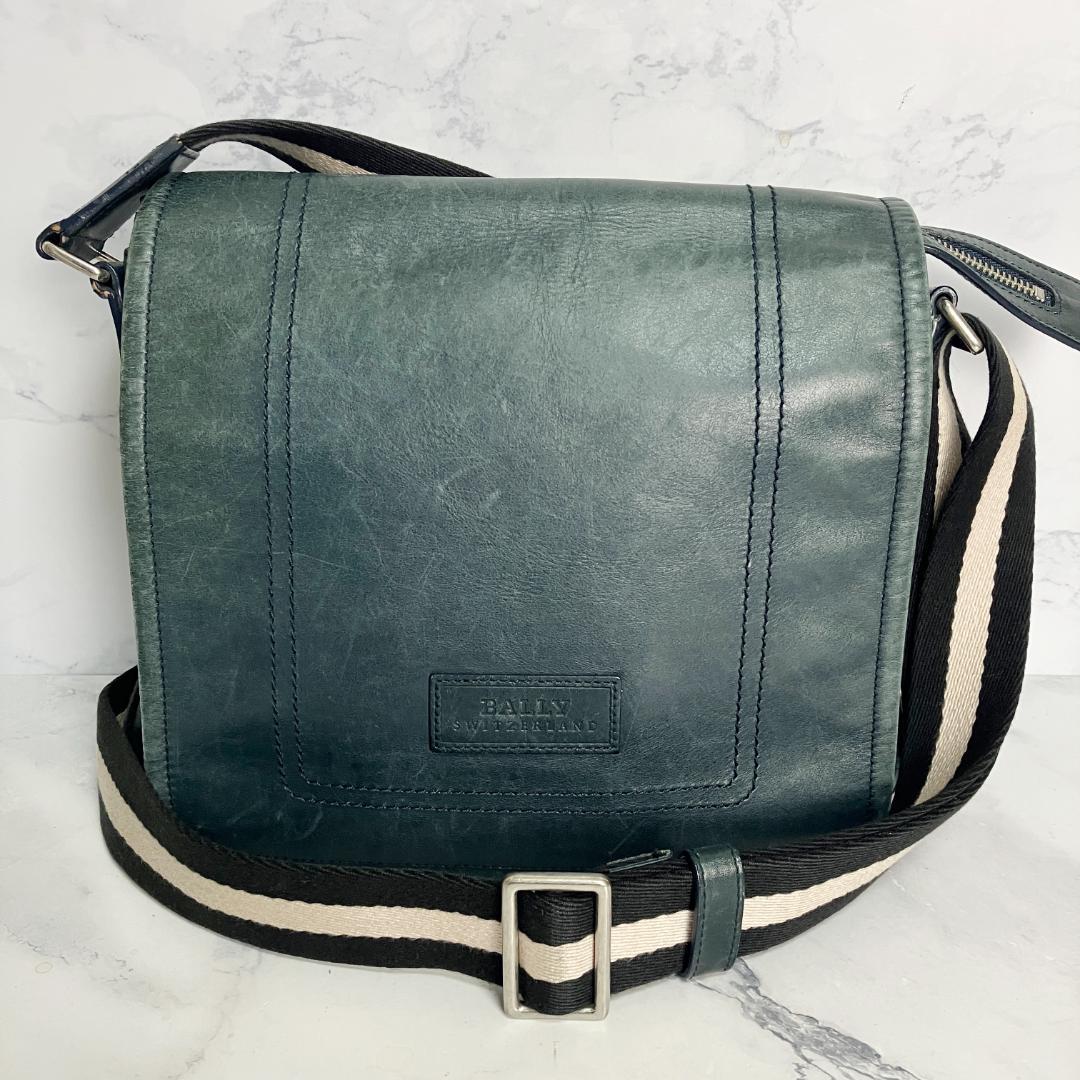 B837【本革】BALLY☆ダークグリーン レザー ショルダーバッグ B837【本