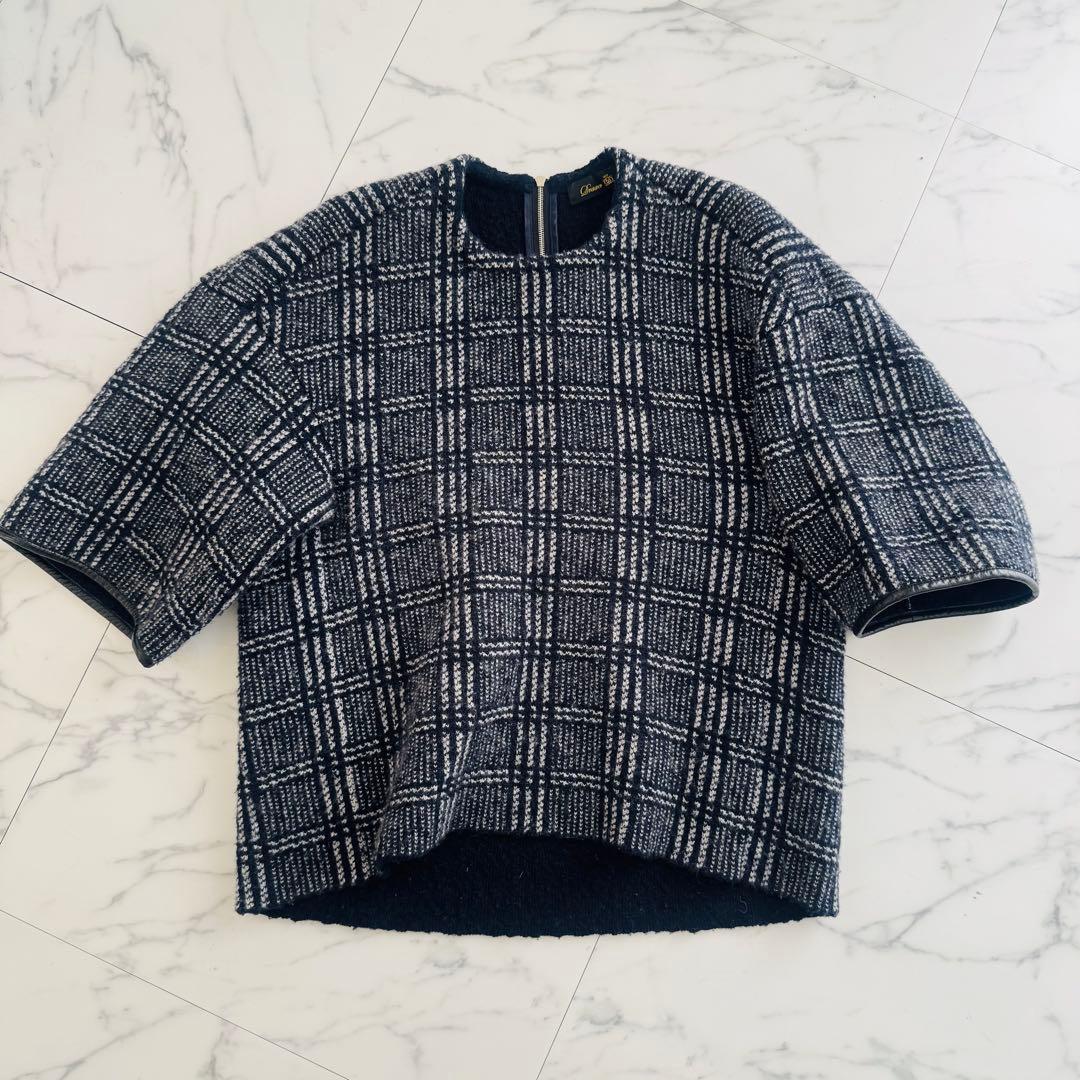 drawer 12G グレンチェック ニット レザートリム チェック ネイビー drawer 12G グレンチェック ニット レザートリム チェック ネイビー