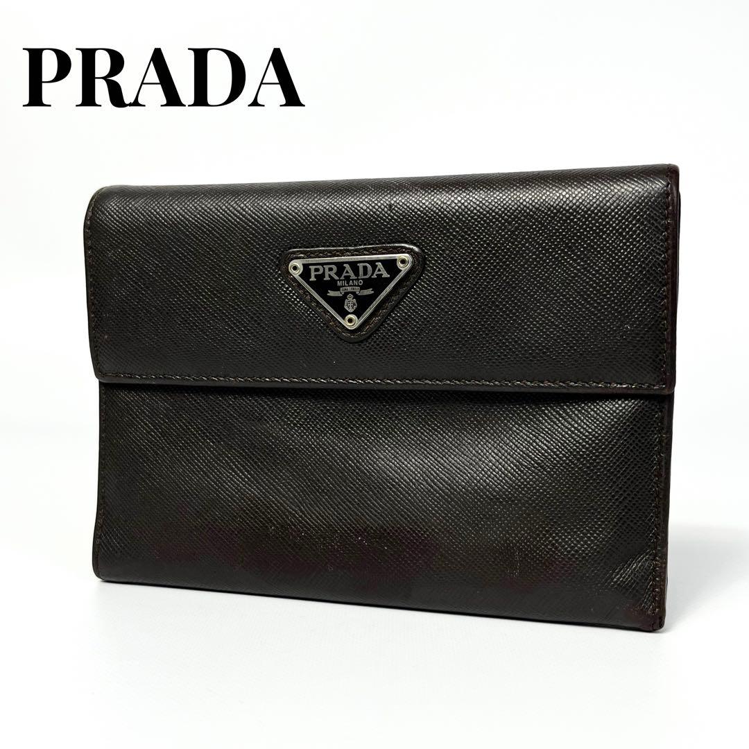 希少✨プラダ 2つ折り財布 三角ロゴ サフィアーノレザー ブラウン