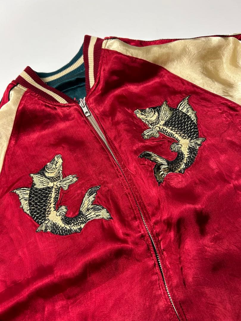 百花繚乱 スカジャン グリーン/レッド 鯉 刺繍 リバーシブル XL