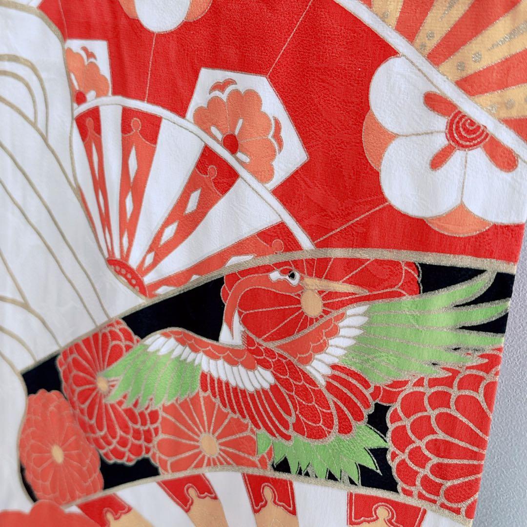 フルセット七五三7歳女の子源氏車鶴金糸金プリント黒袋帯菊7071