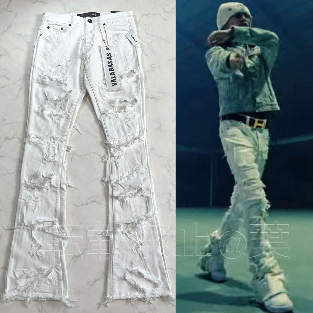 新品 VALABASASバラバサス ハードクラッシュ フレアホワイトデニム 30