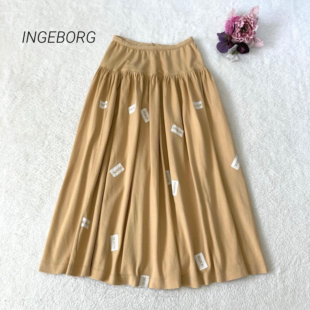 希少☆INGEBORG コットンフレアスカート ベージュ ロゴワッペン M