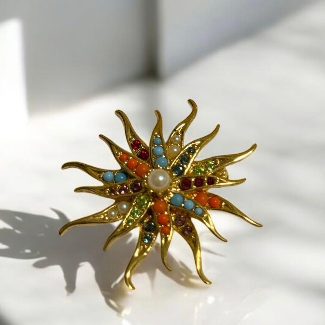 ヴィンテージ D'Orlan スターバーストブローチ 太陽 ストーン パール