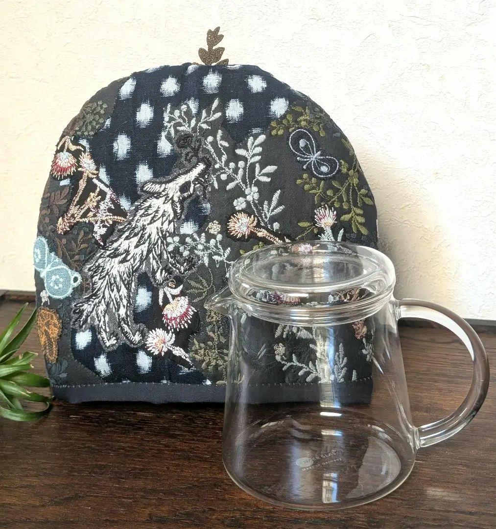 ガレ調・ポットコジー《アザミとWolf＆Flower》古布　藍染　ミナ　PJC