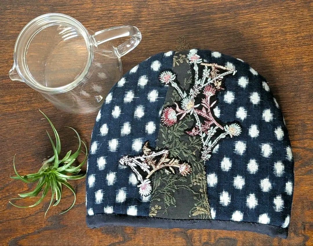 ガレ調・ポットコジー《アザミとWolf＆Flower》古布　藍染　ミナ　PJC