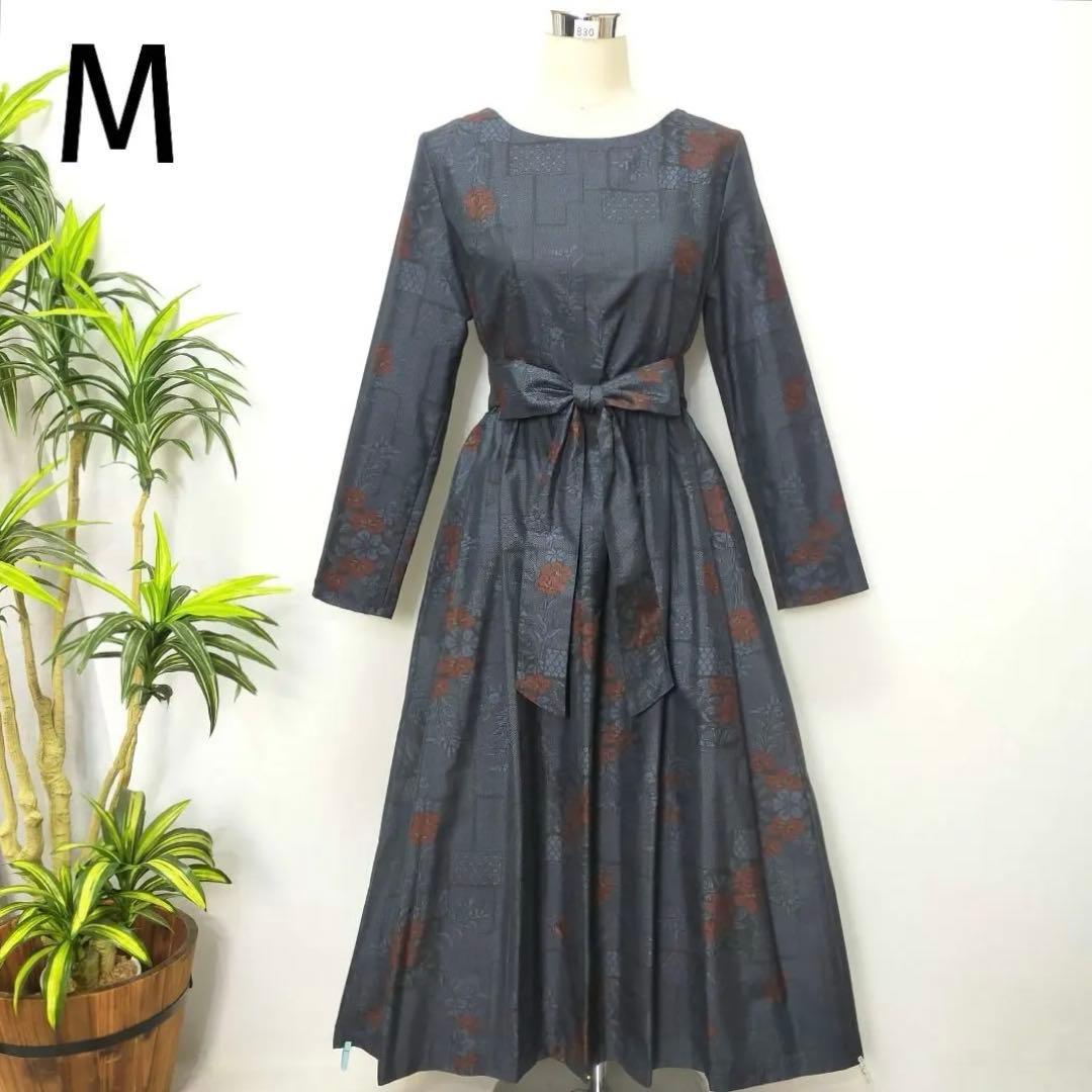 着物リメイク ワンピース 花柄 2WAY ロング リボン付き 濃紺 正絹