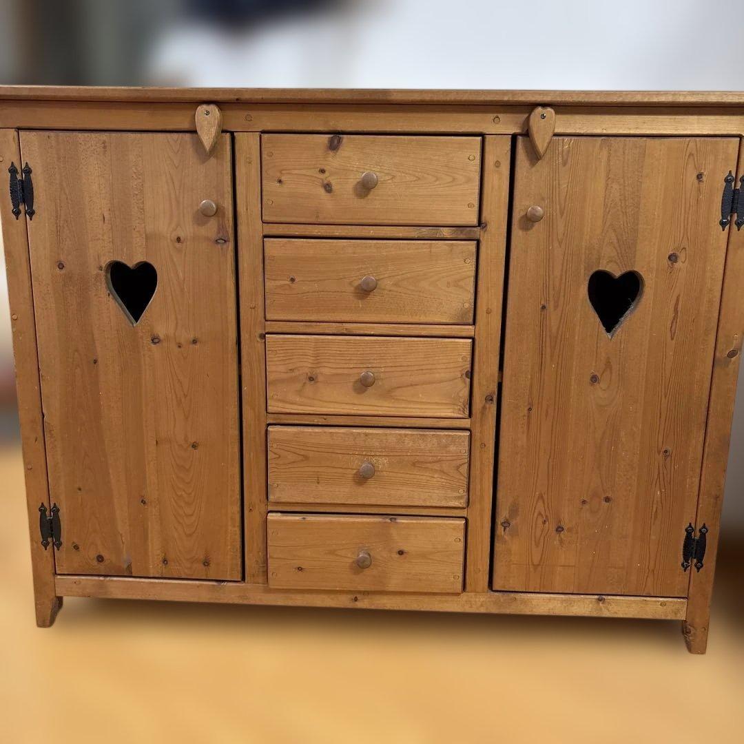 カントリー家具パート　扉キャビネット カントリーキャビネット 高さ90 ハートのくりぬき扉＆引き出し4段